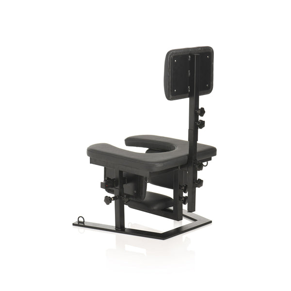 Three-quarter angle view of Pleasure Throne Oral Sex Chair showing full black steel frame
