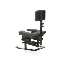 Three-quarter angle view of Pleasure Throne Oral Sex Chair showing full black steel frame