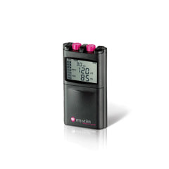 Three-quarter angle of Tension Lover digital TENS device highlighting compact black housing design