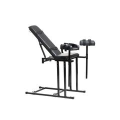 Three-quarter view of Extreme Obedience Chair in semi-upright configuration with stirrups raised