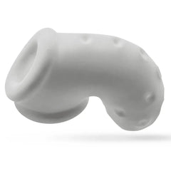 Three-quarter front view of Airlock chastity cage showing open base ring and smooth curved profile