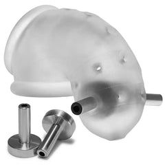Three-quarter view of frosted silicone Airlock Electro cage highlighting curved shape and dual contact points