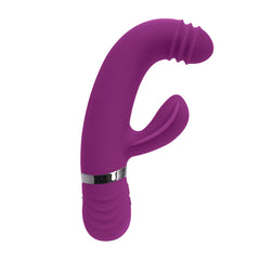 Three-quarter rear view of purple rabbit vibrator showing ribbed handle and silver accent band