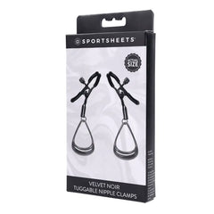 Three-quarter view of Sportsheets nipple clamps packaging showing adjustable clamp and loop design