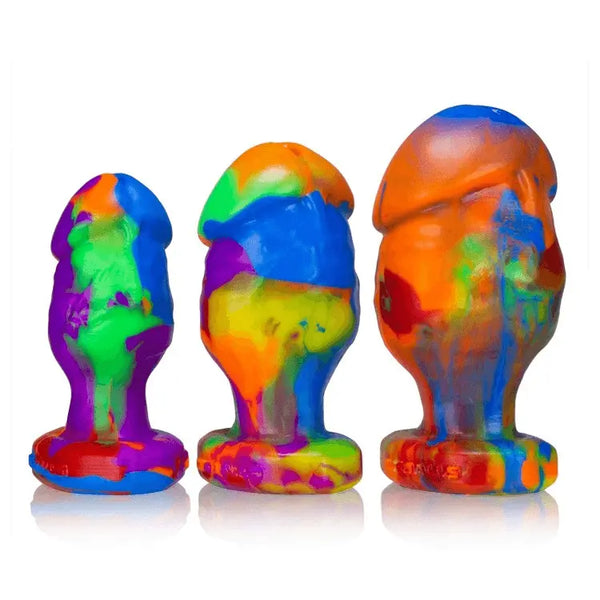 Three sizes of HONCHO-2 rainbow silicone buttplugs displayed together showing small, medium, large