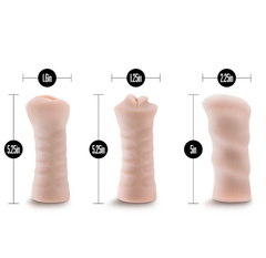 Three soft TPE strokers shown with width and length dimensions ranging from 5 to 5.25 inches