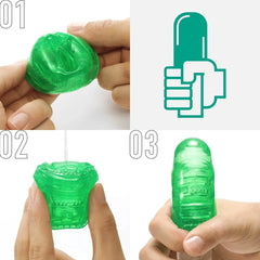 Three-step guide showing green Emerald Uni sleeve being opened, stretched, and placed on finger