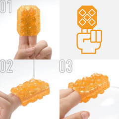 Three-step usage guide for orange Tenga Uni Topaz showing finger-ring and flat-pad wear modes