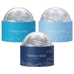 Three Tenga Geo variants side by side: Aqua in navy, Coral in teal, and Glacier in light blue packaging