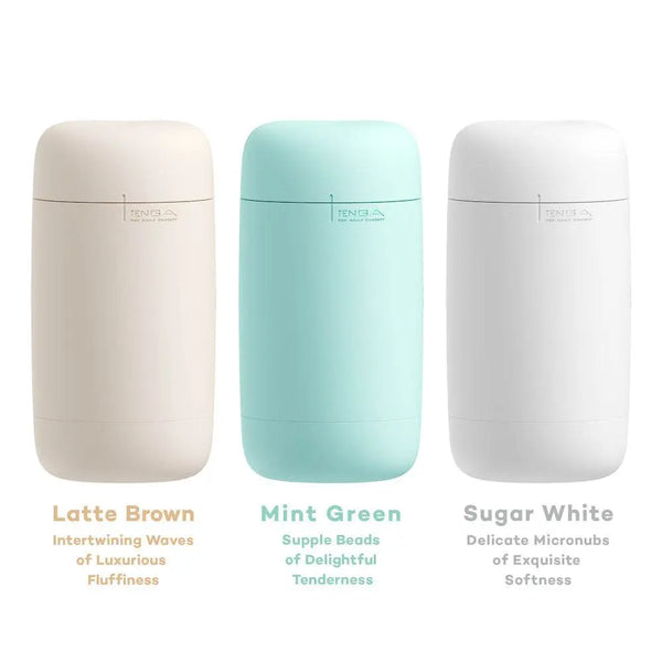 Three Tenga Puffy color variants side by side: Latte Brown, Mint Green, and Sugar White