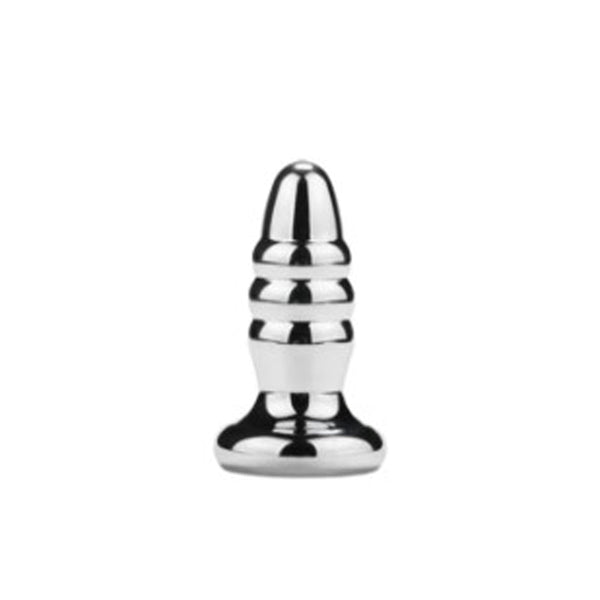 Three-tiered stainless steel mini plug Style E with bullet tip, stepped ridges, and wide stabilizing base