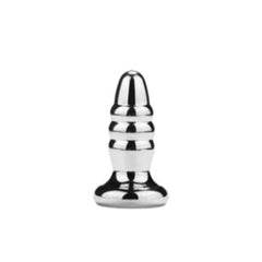 Three-tiered stainless steel mini plug Style E with bullet tip, stepped ridges, and wide stabilizing base