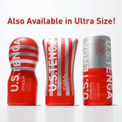 Three U.S. Tenga Original Vacuum Cup sizes displayed upright showing SD, Regular and Ultra Size