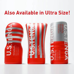 Three U.S. Tenga Original Vacuum Cups in red and silver displayed side by side by size