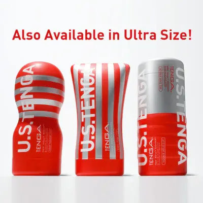 Three U.S. Tenga Vacuum Cups in regular, open, and ultra size displayed side by side
