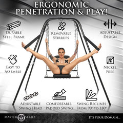 Throne sex swing feature infographic highlighting durable steel frame and removable stirrups