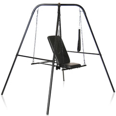 Throne sex swing stand side angle showing adjustable chain height and reclined padded seat position