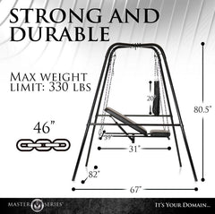 Throne stand dimensions diagram showing 330 lb max weight limit and 67-inch wide steel base