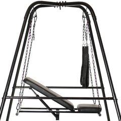 Close-up of Throne swing frame showing metal chains, stirrup strap, and reclined seat angle
