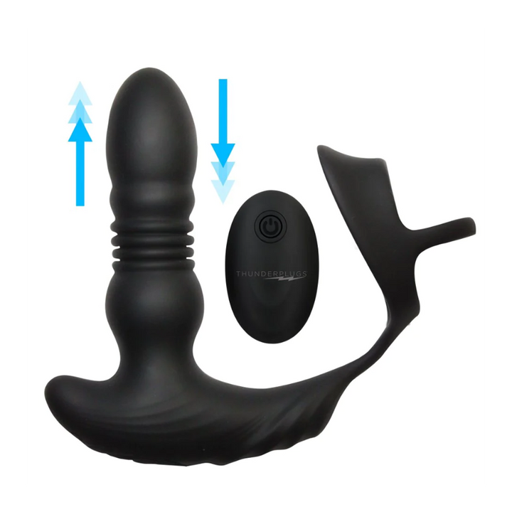 Thunderplugs thrusting silicone anal plug with cock ring and wireless remote, matte black