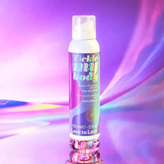 Tickle My Body massage foam bottle displayed against an iridescent purple background