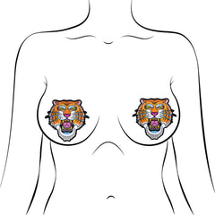 Tiger face nipple pasties shown placed on illustrated chest form, self-adhesive fit
