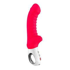 Tiger vibrator in deep pink silicone with ribbed texture and chrome-accented base