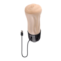 Tight Lipped masturbator with USB charging cable connected to the black motorized base