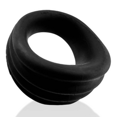 Tilted angle of Expander cockring showing asymmetric scoop profile in black silicone