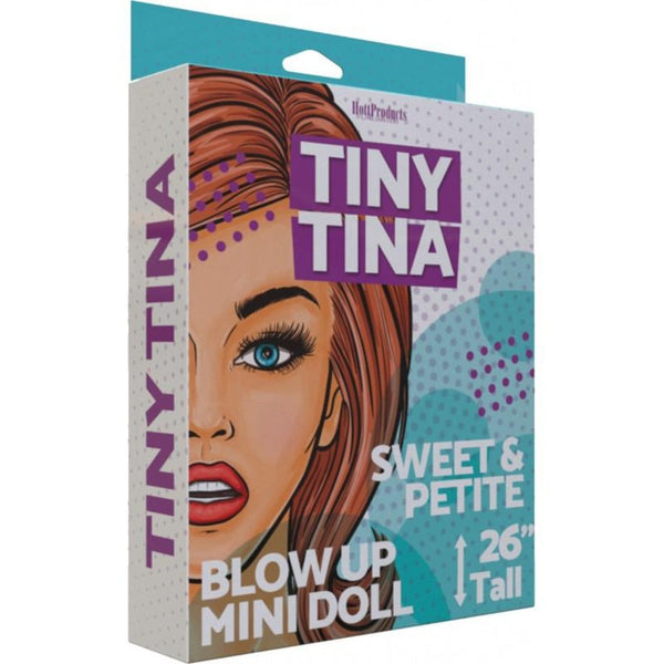 Tiny Tina blow-up mini doll box front, teal and purple pop-art design, 26 inches tall