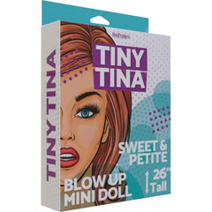 Tiny Tina blow-up mini doll box front, teal and purple pop-art design, 26 inches tall