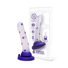 Together 6-inch Starfloat Bliss Dildo in white silicone with purple stars beside retail packaging