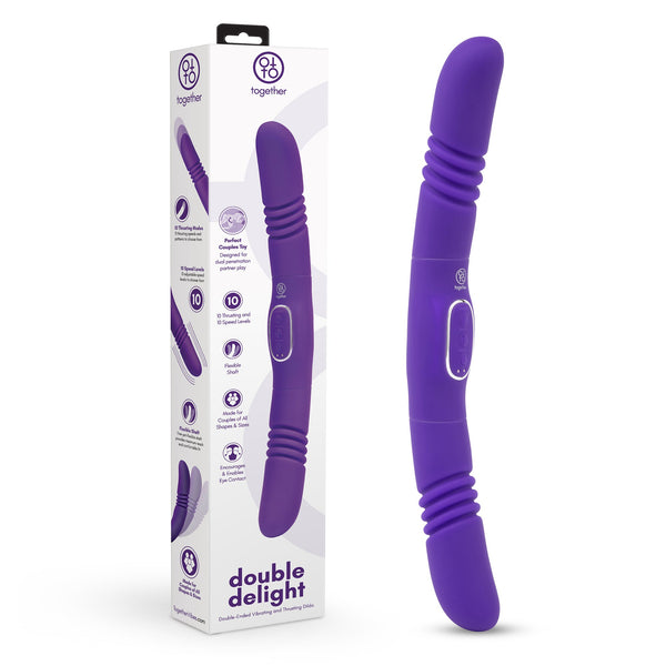 Together Double Delight dual-ended vibrator in purple silicone beside its retail box
