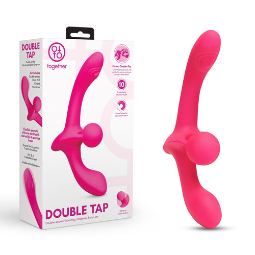 Together Double Tap pink strapless strap-on dildo shown beside its retail box packaging