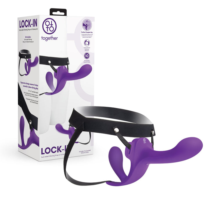 Together Lock-In Vibrating Strap-On set with purple dual-ended silicone dildo and black elastic harness