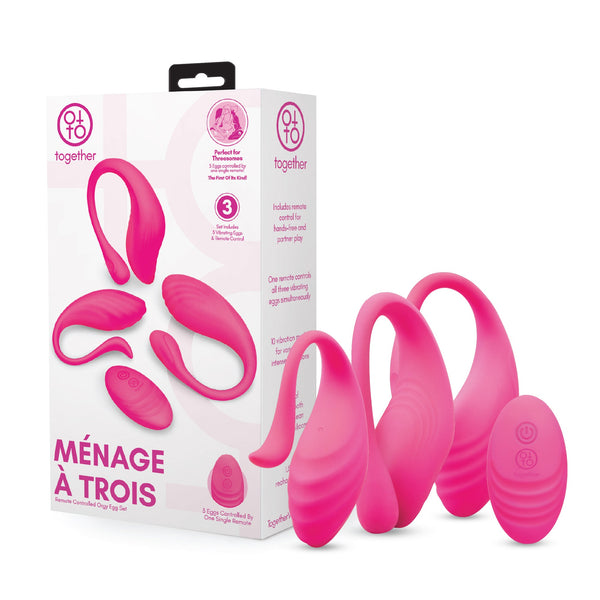 Together Ménage à Trois remote-controlled egg set in pink with packaging and all three eggs displayed