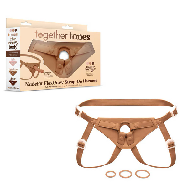 Together NudeFit FlexCurv strap-on harness in medium tan with three O-rings included