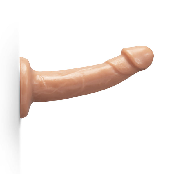 Together realistic dildo mounted horizontally on a flat surface via suction cup, showing full length