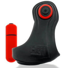 Top-angle view of REVSLING with red vibe seated in pocket and control button visible