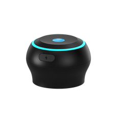 Top-down angle of the black Control base unit with cyan LED accent and charging indicator