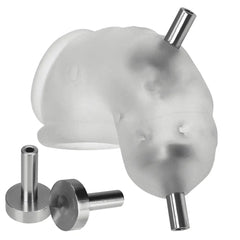 Top-down angle of translucent chastity cage showing textured surface bumps and two protruding metal contacts