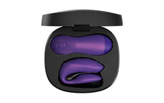 Top-down view of Chorus Pro two-piece purple vibrator set stored in black travel case
