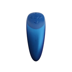 Top-down view of Chorus remote showing tactile control buttons on metallic blue surface
