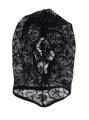 Top-down flat lay of black lace hood interior showing central seam and open mouth strap area
