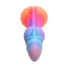 Top-down view of the Galactic Cock dildo revealing its ridged shaft and scalloped orange suction base