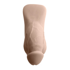 Top-down view of the Gender X packer in light tone, showing smooth shaft and soft glans