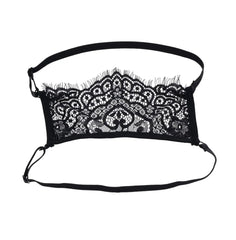 Top-down view of lace blindfold showing ornate scalloped lace pattern and adjustable elastic strap closures