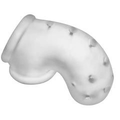 Top-down view of Oxballs Airlock chastity cage showing ventilation nubs across curved body