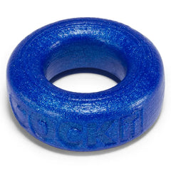 Top-down close-up of Oxballs COCK-T cockring revealing textured outer surface and blue finish