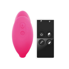 Top-down view of pink WonderLove vibrator showing control buttons beside black remote